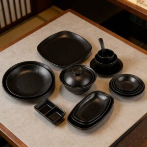 Japanese Matte Black Woven Texture Melamine Dinnerware Set