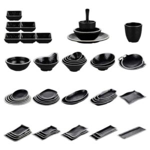 Stone Textured Black Melamine Dinnerware Set with White Rim