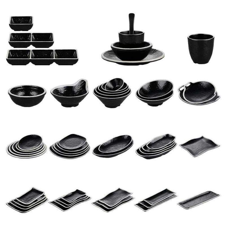 Stone Textured Black Melamine Dinnerware Set with White Rim