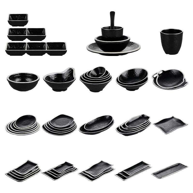 Stone Textured Black Melamine Dinnerware Set with White Rim
