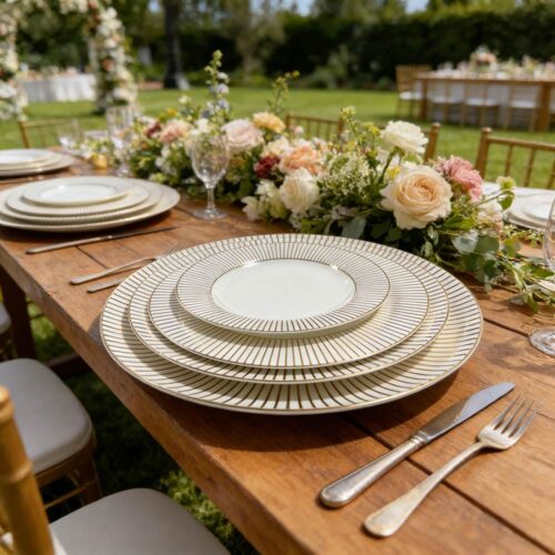Luxury Gold-Rimmed Radial Pattern Bone China Wedding Plate Set