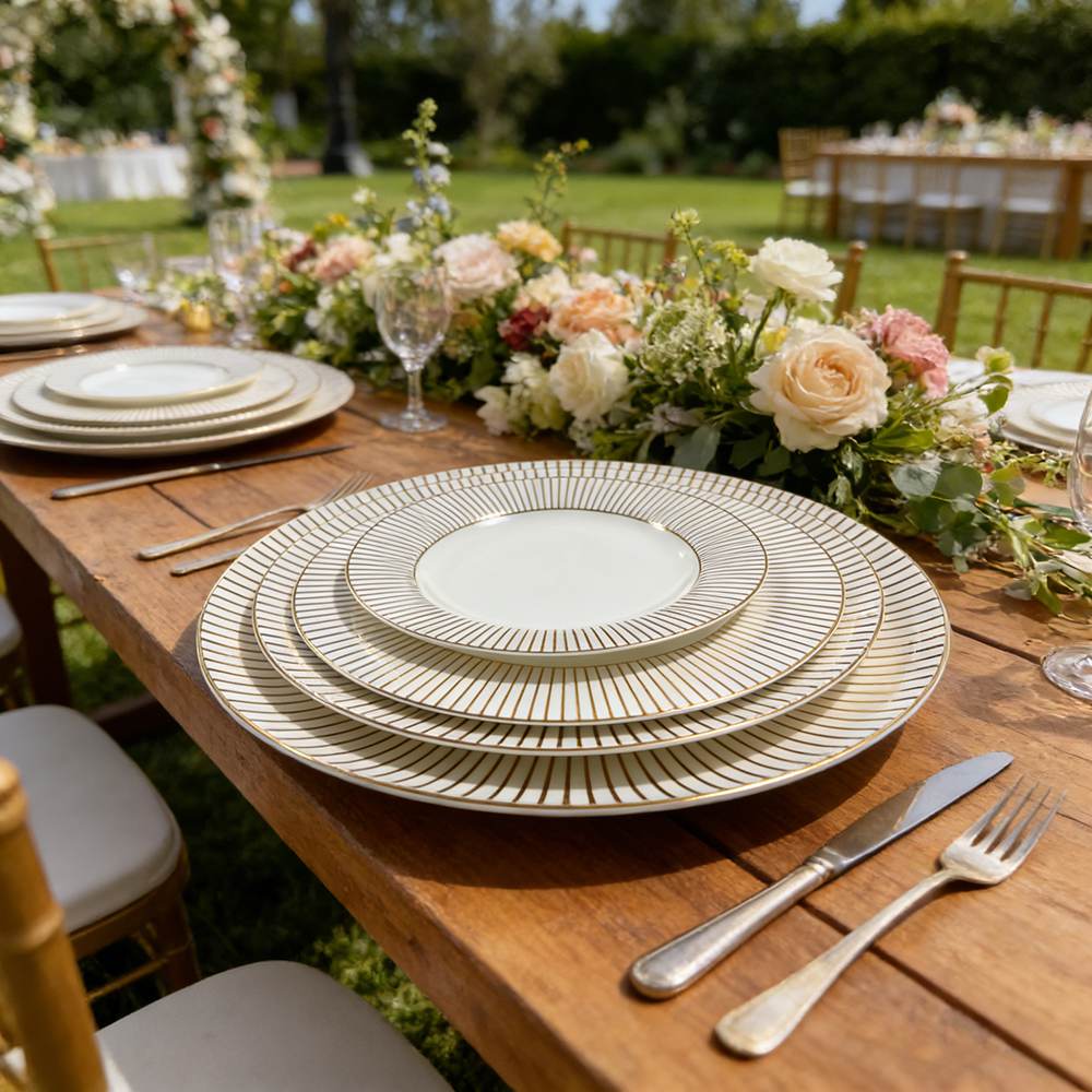 Luxury Gold-Rimmed Radial Pattern Bone China Wedding Plate Set