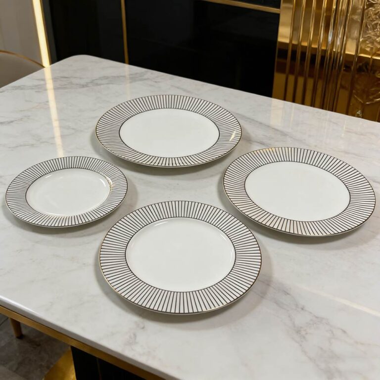 Luxury Gold-Rimmed Radial Pattern Bone China Wedding Plate Set