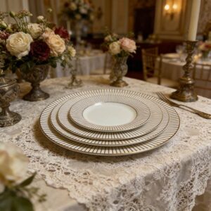 Luxury Gold-Rimmed Radial Pattern Bone China Wedding Plate Set