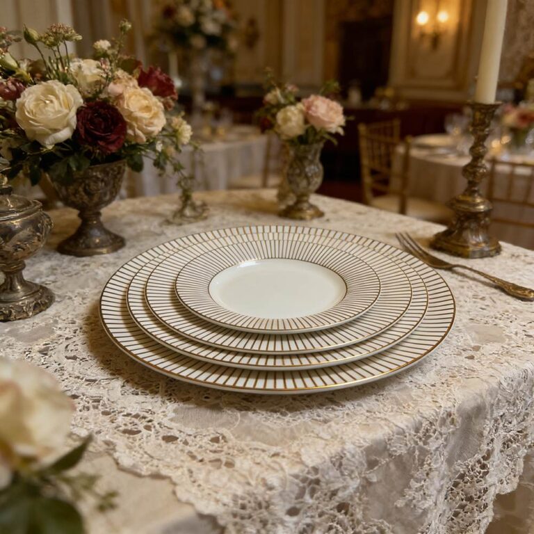Luxury Gold-Rimmed Radial Pattern Bone China Wedding Plate Set