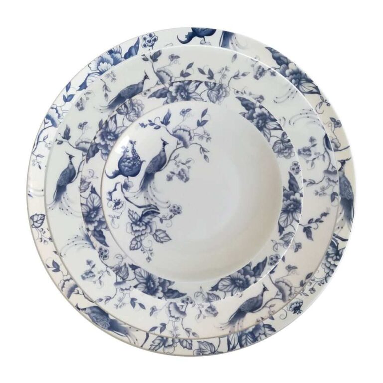Luxury Blue White Peacock Floral Bone China Dinnerware Set