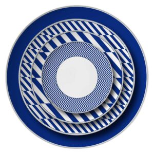 Modern Geometric Blue White Silver Rimmed Bone China Dinnerware Set