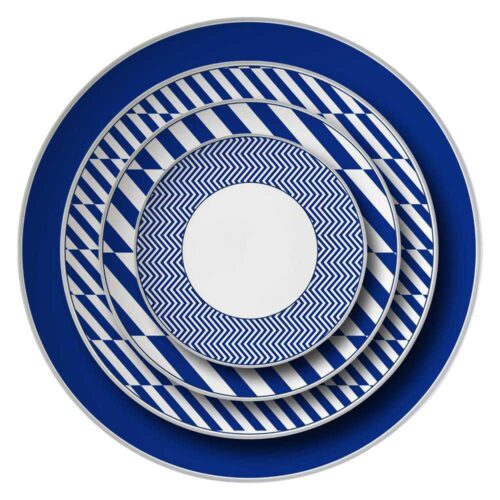 Modern Geometric Blue White Silver Rimmed Bone China Dinnerware Set