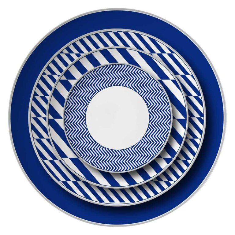 Modern Geometric Blue White Silver Rimmed Bone China Dinnerware Set