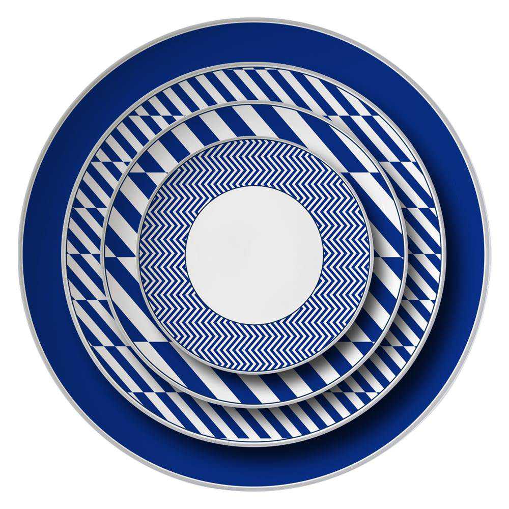 Modern Geometric Blue White Silver Rimmed Bone China Dinnerware Set