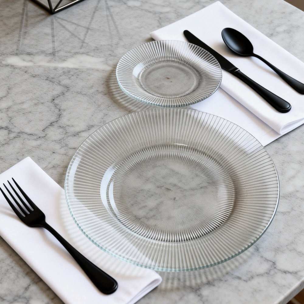 Luxury Gold Rimmed Vertical Ribbed Glass Charger Plate