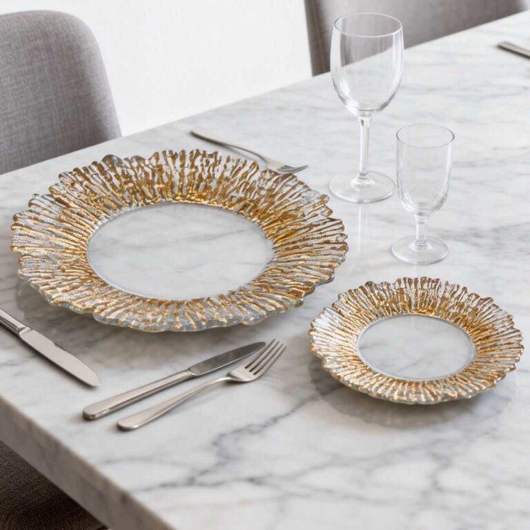 Luxury Gold Plated Coral Texture Glass Charger Plate