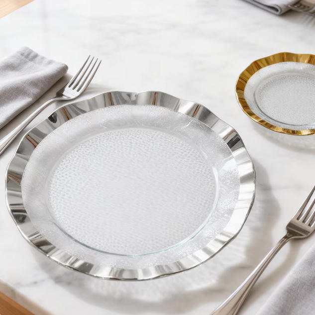 Luxury Gold Rimmed Wavy Hammered Glass Charger Plate