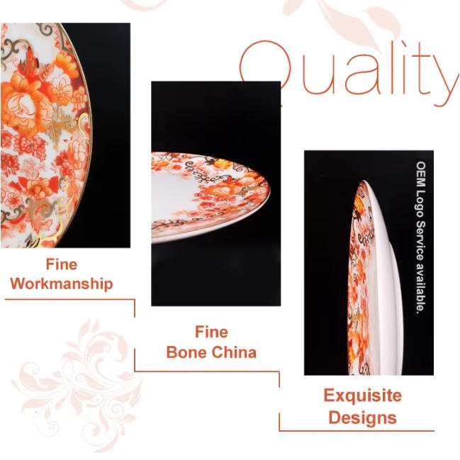 Product Features New Chinese Peony Gold-Rimmed Craft Luxurious peony and floral vine patterns, warm red-orange tones + gilded scrollwork, full of festive nobility and Oriental charm. Premium Bone China Material Delicate and translucent, lightweight yet durable, heat-resistant, easy to clean, dishwasher and microwave safe. Multi-Size Nested Set Three sizes in one set for charger, dinner, and appetizer plates, compact nested storage for all dining scenarios. Style & Occasion Versatility Perfect for Chinese family banquets, wedding celebrations, and holiday feasts, easily creating a festive and noble table setting. Customizable for Branding Supports custom colors, patterns, and logos to meet brand and themed event needs.