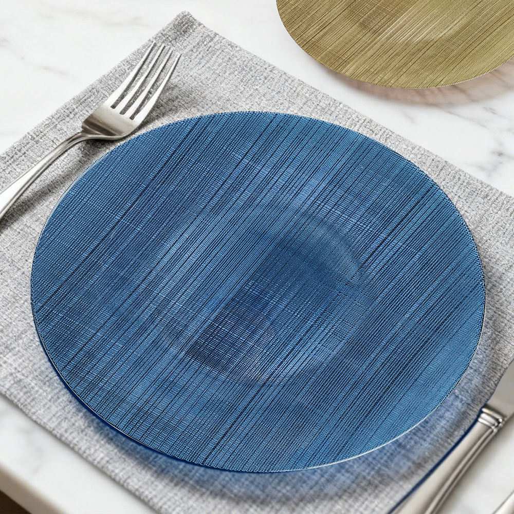 Luxury Haze Blue Cross Woven Texture Glass Charger Plate