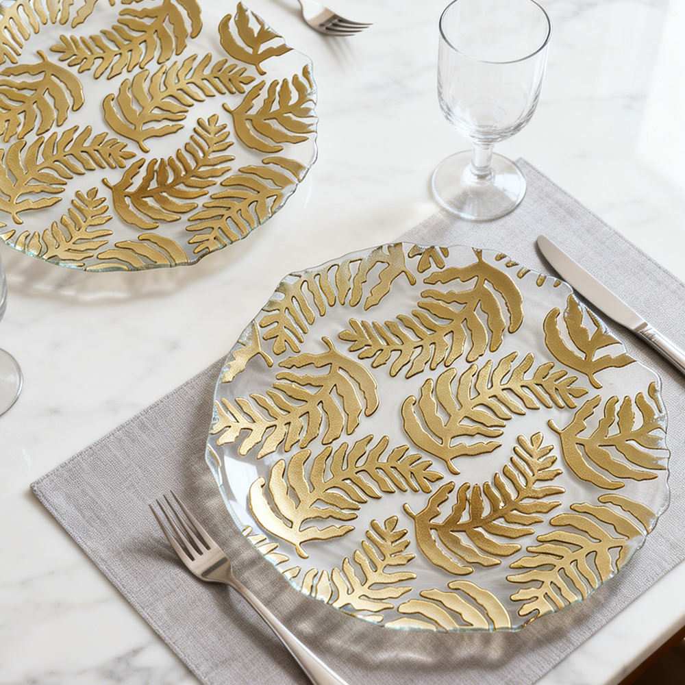 Luxury Gold Plated Fern Leaf Glass Charger Plate
