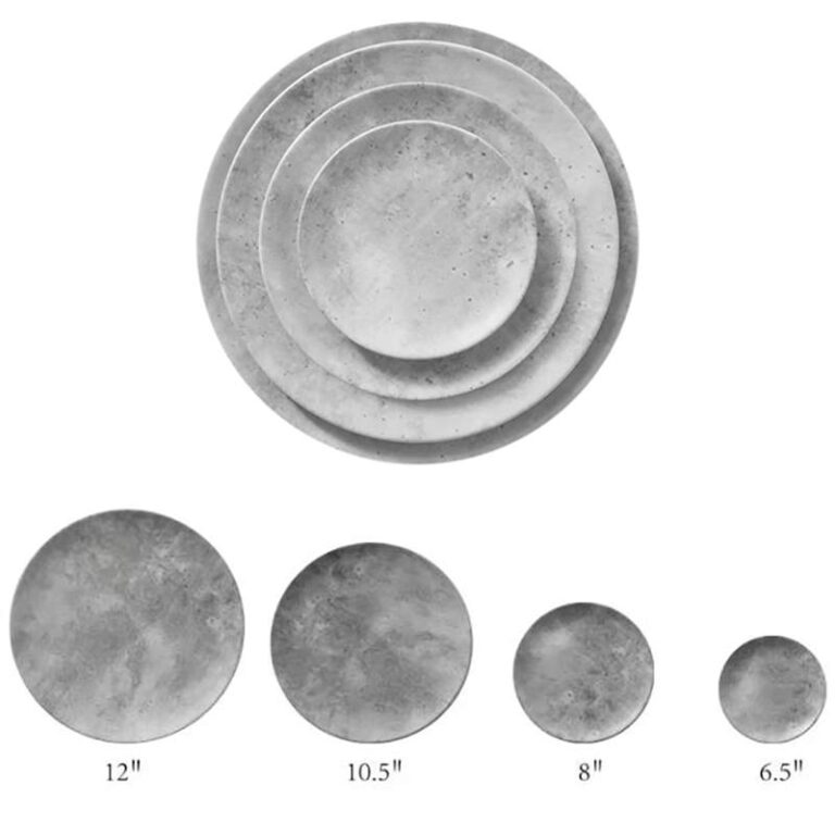Product Features Wabi-Sabi Stone-Effect Craft Matte concrete-gray texture replicating natural stone, simple yet premium. Multi-Size Nested Design Four sizes in one set, suitable for charger plates, dinner plates, appetizer plates, and dessert plates for all dining scenarios. Premium Ceramic Material High-fired ceramic, durable, heat-resistant, easy to clean, dishwasher and microwave safe. Versatile Neutral Style Matches wabi-sabi, industrial, and minimalist styles, suitable for all cuisines and scenarios. Customizable for Branding Supports custom colors and textures to meet brand and themed event needs.