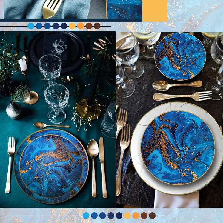 Luxury Gold Flow Blue Bone China Dinnerware Set