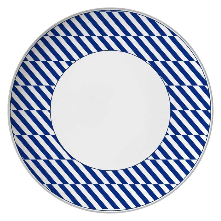 Modern Geometric Blue White Silver Rimmed Bone China Dinnerware Set