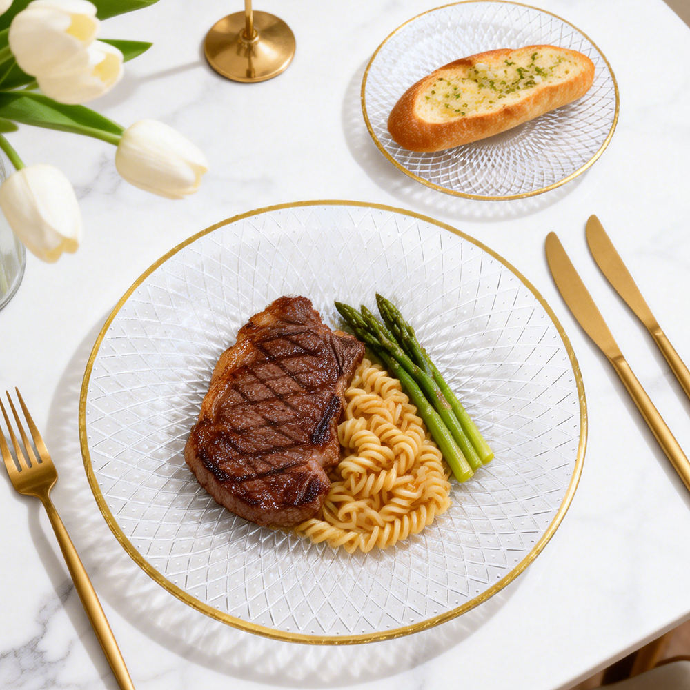 Luxury Gold Rimmed Radial Diamond Glass Charger Plate