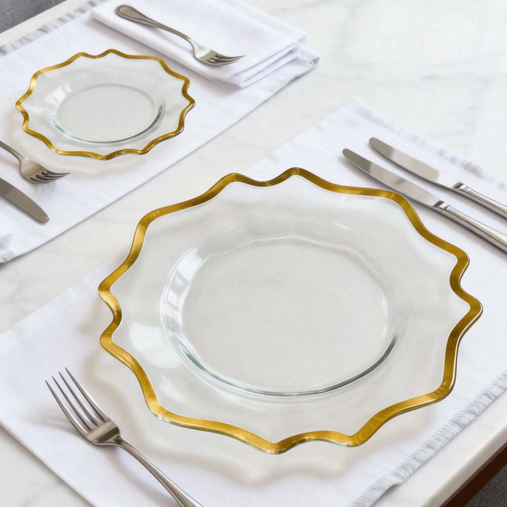 Luxury Gold Rimmed Wavy Edge Glass Charger Plate
