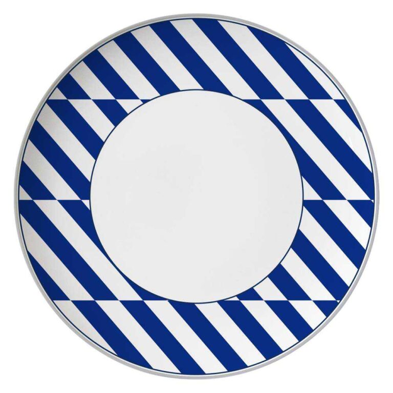 Modern Geometric Blue White Silver Rimmed Bone China Dinnerware Set