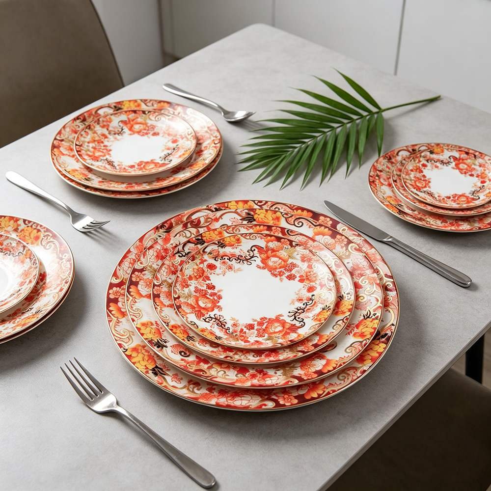 New Chinese Peony Gold Rimmed Bone China Dinnerware Set