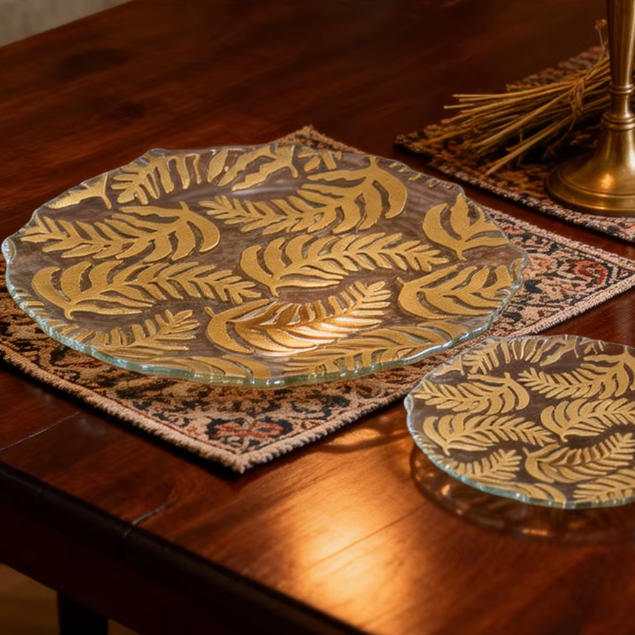 Luxury Gold Plated Fern Leaf Glass Charger Plate