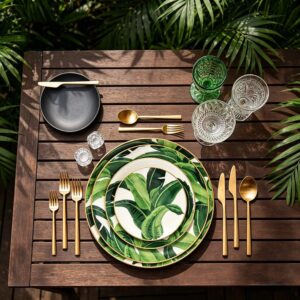 Luxury Tropical Banana Leaf Gold Rimmed Bone China Dinnerware Set