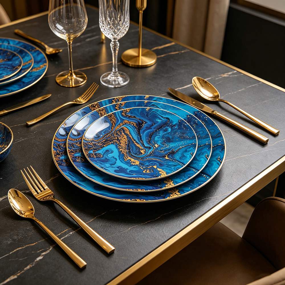 Luxury Gold Flow Blue Bone China Dinnerware Set