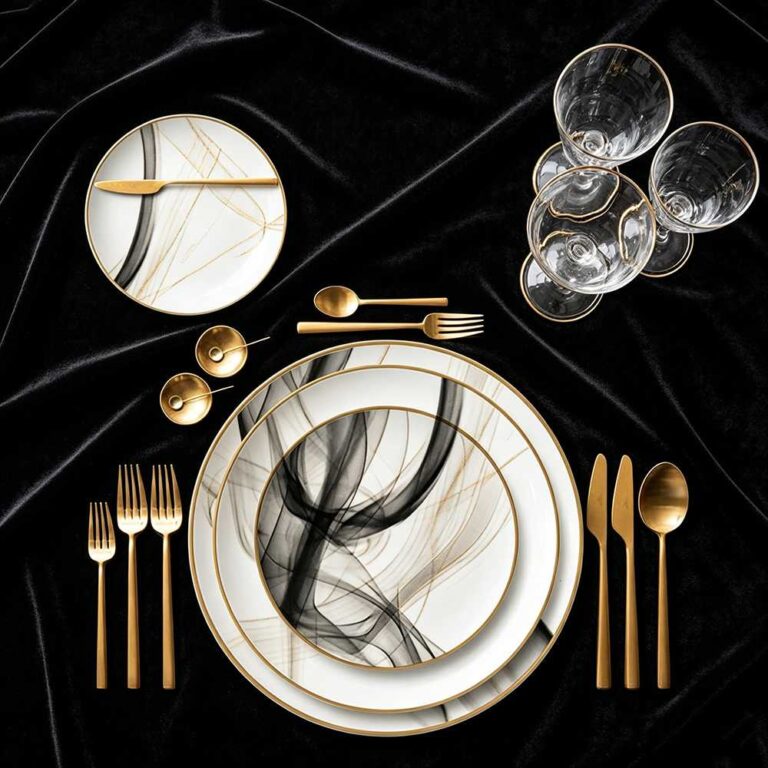 Modern Art Smoke Pattern Gold-Rimmed Bone China Dinnerware Set