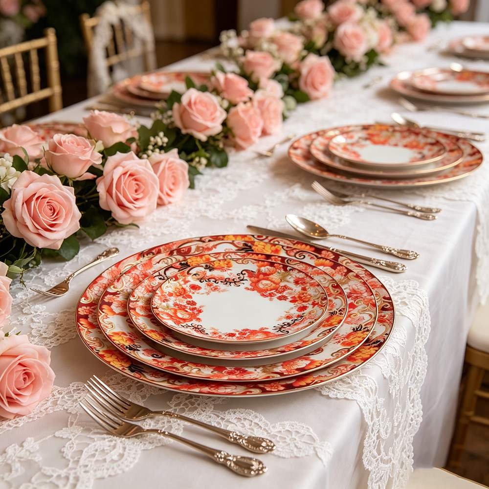 New Chinese Peony Gold Rimmed Bone China Dinnerware Set