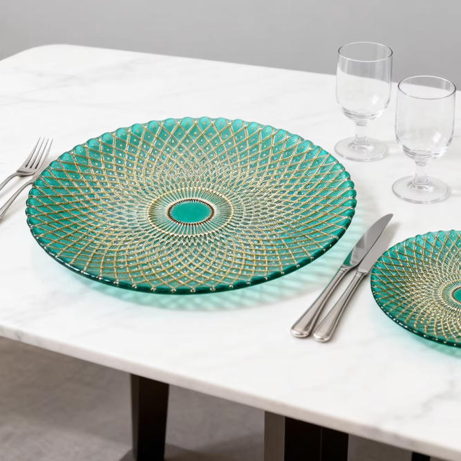 Luxury Gold Rimmed Radial Diamond Glass Charger Plate