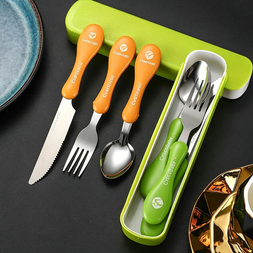Portable 304 Stainless Steel Kids Fork and Spoon Set with Custom LOGO