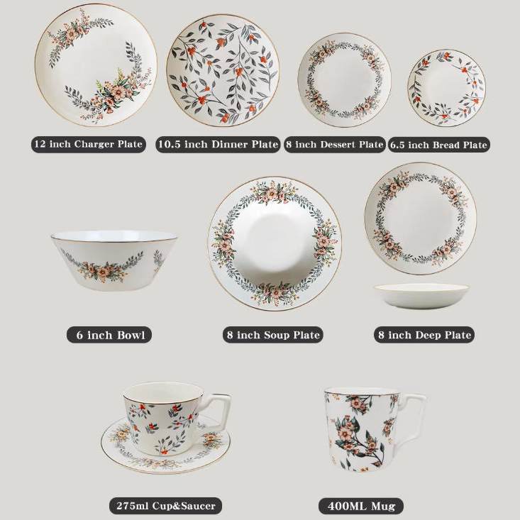 Luxury Hand Painted Floral Gold Rimmed Bone China Dinnerware Set