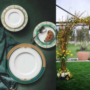 Art Deco Style Green & Gold Geometric Bone China Dinnerware Set