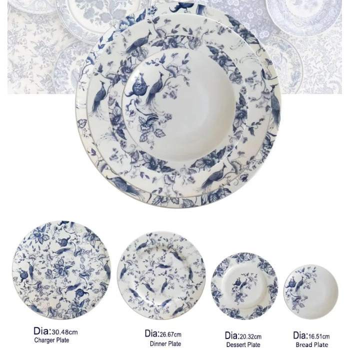 Luxury Blue White Peacock Floral Bone China Dinnerware Set