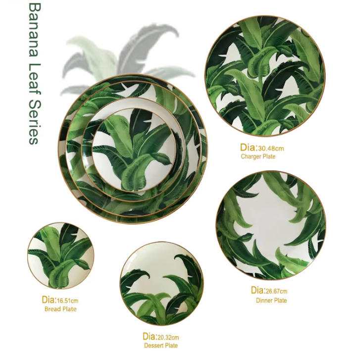 Luxury Tropical Banana Leaf Gold Rimmed Bone China Dinnerware Set