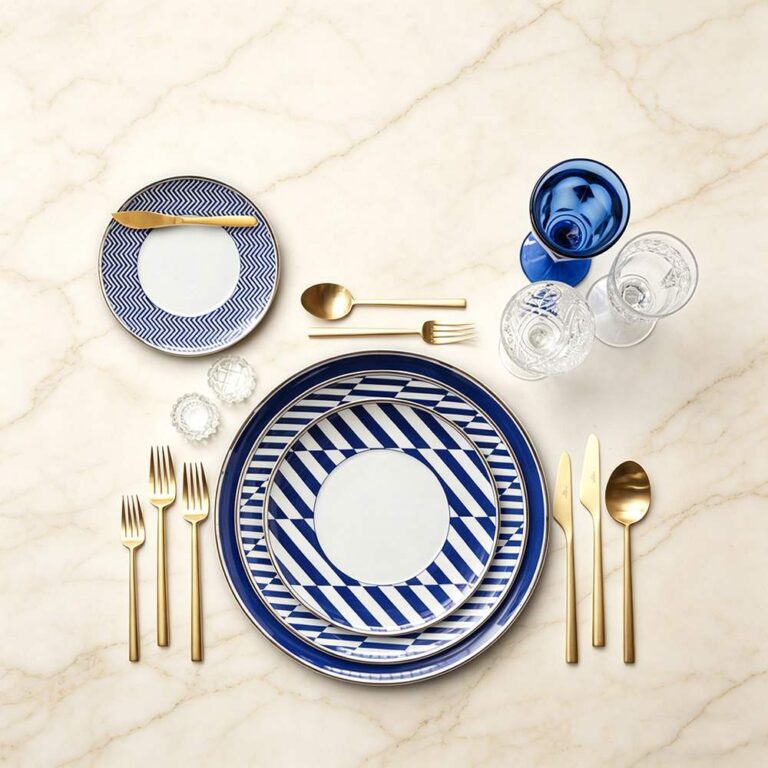 Modern Geometric Blue White Silver Rimmed Bone China Dinnerware Set