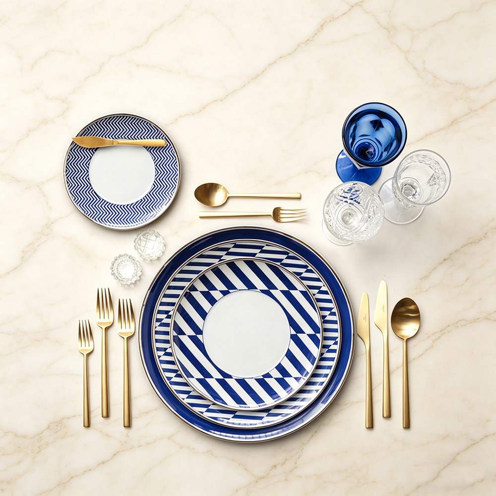 Modern Geometric Blue White Silver Rimmed Bone China Dinnerware Set