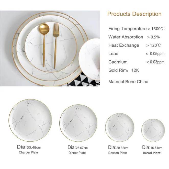 Luxury Marble Patterned Gold Rimmed Bone China Dinnerware Set