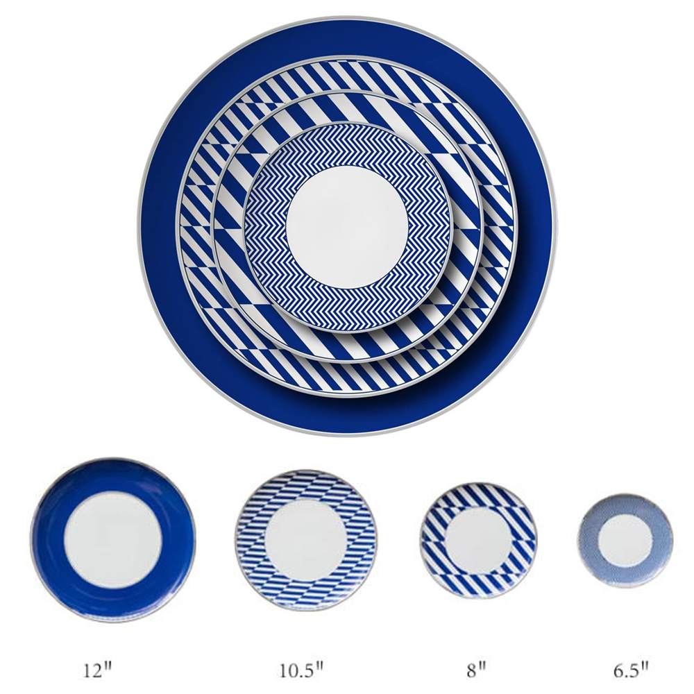 Modern Geometric Blue White Silver Rimmed Bone China Dinnerware Set