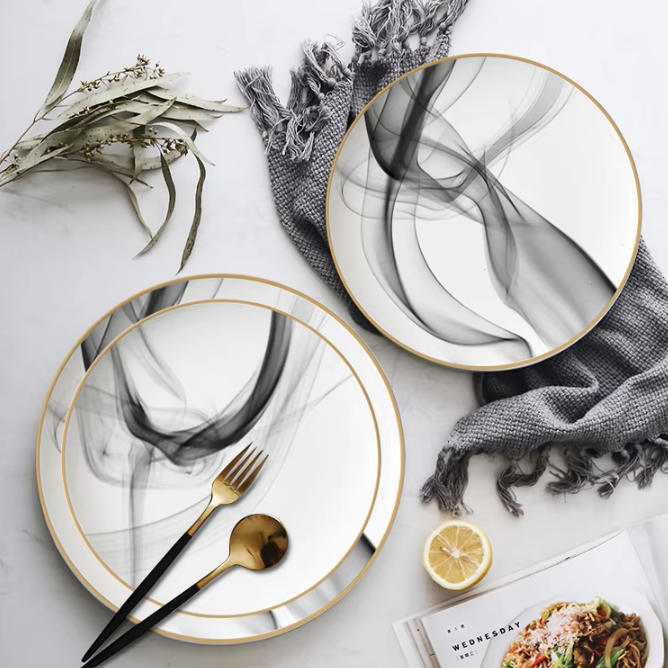 Modern Art Smoke Pattern Gold-Rimmed Bone China Dinnerware Set