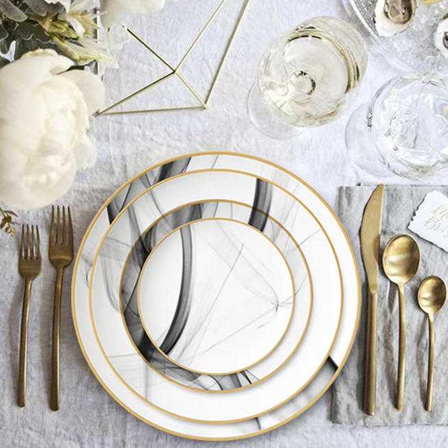 Modern Art Smoke Pattern Gold-Rimmed Bone China Dinnerware Set