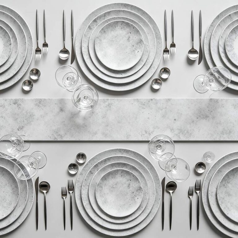 Product Features Wabi-Sabi Stone-Effect Craft Matte concrete-gray texture replicating natural stone, simple yet premium. Multi-Size Nested Design Four sizes in one set, suitable for charger plates, dinner plates, appetizer plates, and dessert plates for all dining scenarios. Premium Ceramic Material High-fired ceramic, durable, heat-resistant, easy to clean, dishwasher and microwave safe. Versatile Neutral Style Matches wabi-sabi, industrial, and minimalist styles, suitable for all cuisines and scenarios. Customizable for Branding Supports custom colors and textures to meet brand and themed event needs.