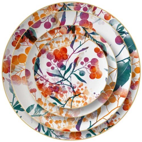 Watercolor Autumn Berry Gold Rimmed Bone China Dinnerware Set