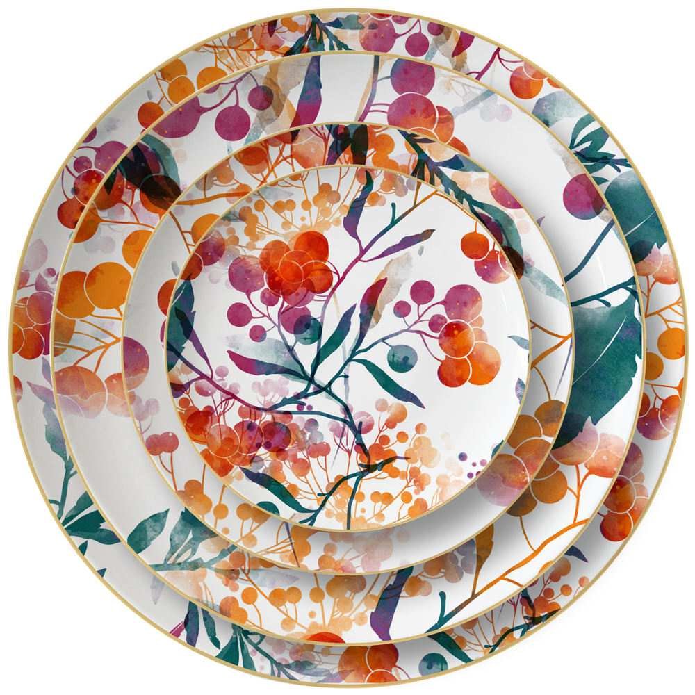 Watercolor Autumn Berry Gold Rimmed Bone China Dinnerware Set 
