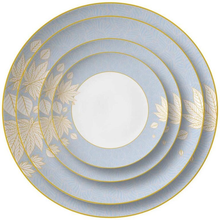 Luxury Light Blue Golden Leaf Bone China Dinnerware Set