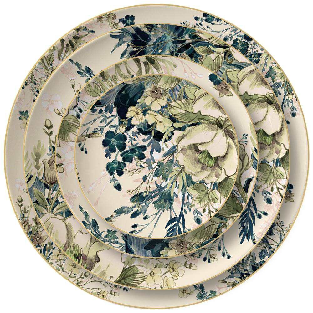 Vintage Watercolor Bohemian Floral Gold-Rimmed Bone China Dinnerware Set
