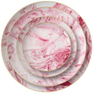 Luxury Pink Ink Flow Pattern Gold Rimmed Bone China Dinnerware Set